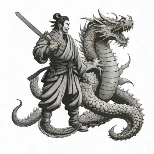 A samurai warrior facing off against a dragon in a traditional Japanese temple garden tattoo design idea