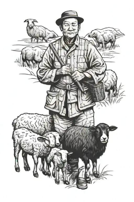 Chinese farmer with black sheep infront tattoo design idea