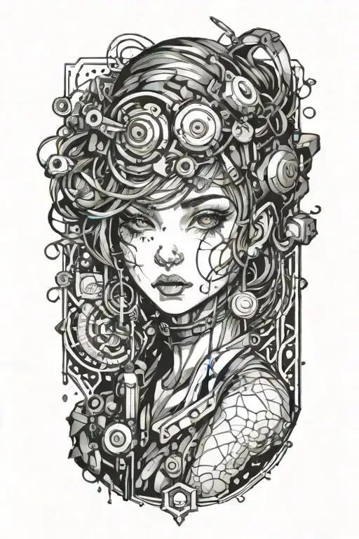 cyberpunk anime beautifull girl face one eye tattoo design idea