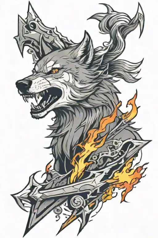 wolf and arrow with fire and lightning bolt tattoo design idea