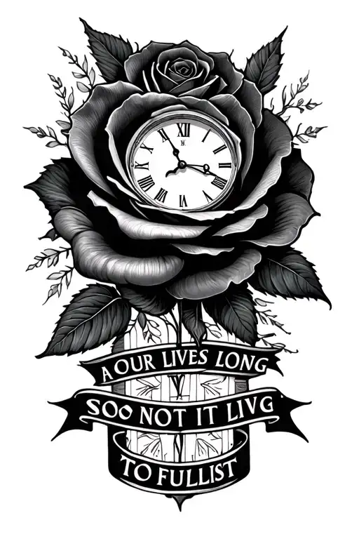 a black rose at the wrist a clock in the middle at the saying OUR LIVES ARE NOT LONG SO LIVE IT TO THE FULLEST  tattoo design idea