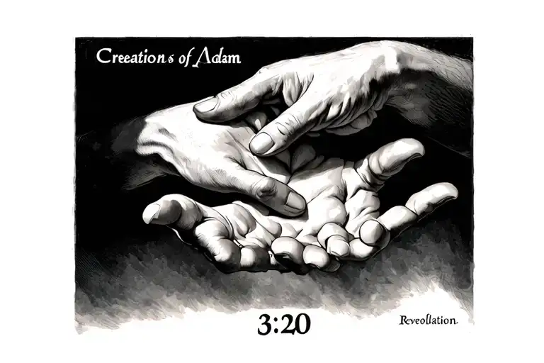 the hands of "creation of Adam" and the Bible verse revelation 3:20 in Roman numerals below it tattoo design idea