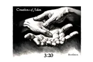 the hands of "creation of Adam" and the Bible verse revelation 3:20 in Roman numerals below it tattoo design idea