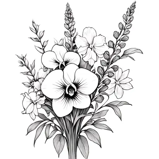 can you create a tattoo bouquet of orchids, ucaliptus, pansies, lupine, rose and daffodil black and white with a thin re tattoo design idea