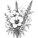 can you create a tattoo bouquet of orchids, ucaliptus, pansies, lupine, rose and daffodil black and white with a thin re tattoo design idea