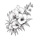 can you create a tattoo bouquet of orchids, ucaliptus, pansies, lupine, rose and daffodil black and white with a thin re tattoo design idea