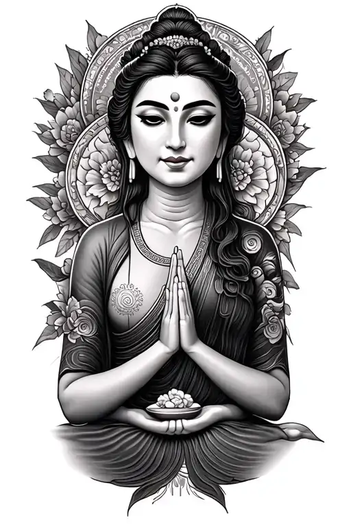 A lifelike realistic tattoo and portrays my wife in a traditional Buddhist stance. Embodying Buddhist traditions  tattoo design idea