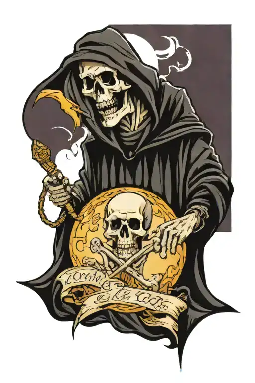 grim reaper with his sythe in one hand and the other hand he holds the world which says "death & loss" tattoo design idea