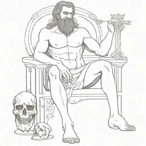 Greek god Hades, dressed like a grim reaper, sitting on a throne of skulls tattoo design idea