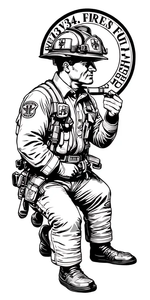 Firefighter kneeling near 9/11 343 never forget, united States Airforce Firefighter badge, Emergency Medical Techician  tattoo design idea