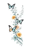 vine wrapping around the forearm with butterflies, marigold flowers and cosmo flowers tattoo design idea
