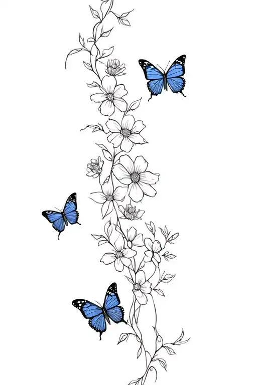 vine wrapping around the forearm with butterflies, marigold flowers and cosmo flowers tattoo design idea