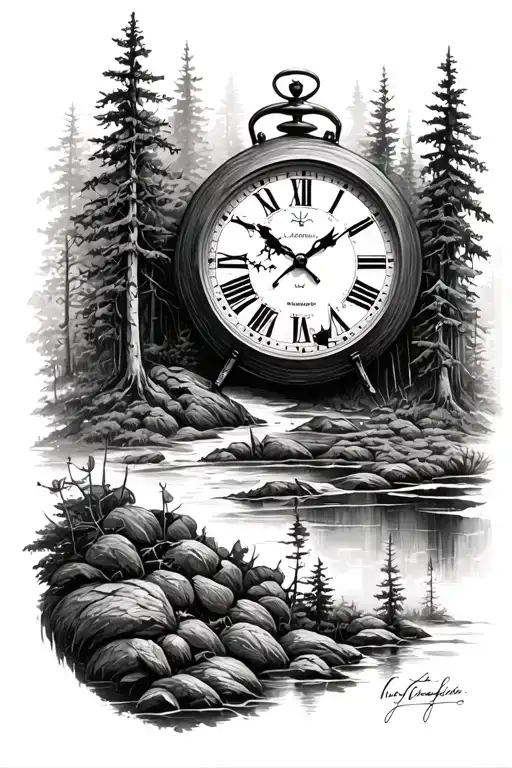 clocks wilderness tattoo design idea