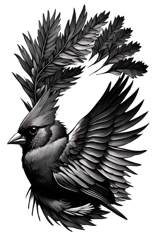 flying cardinal pine leaves intertwined tattoo design idea