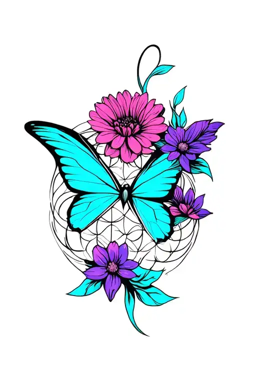 Phoenix butterfly turquoise ribbon and purple pink flower symbol femininity flower of life tattoo design idea