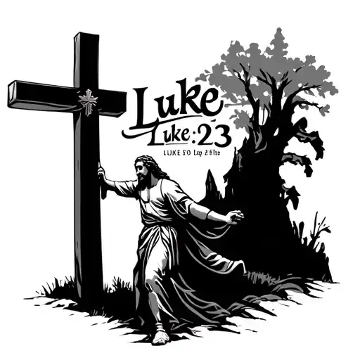 "luke 9:23" a person carrying a cross and following jesus christ tattoo design idea