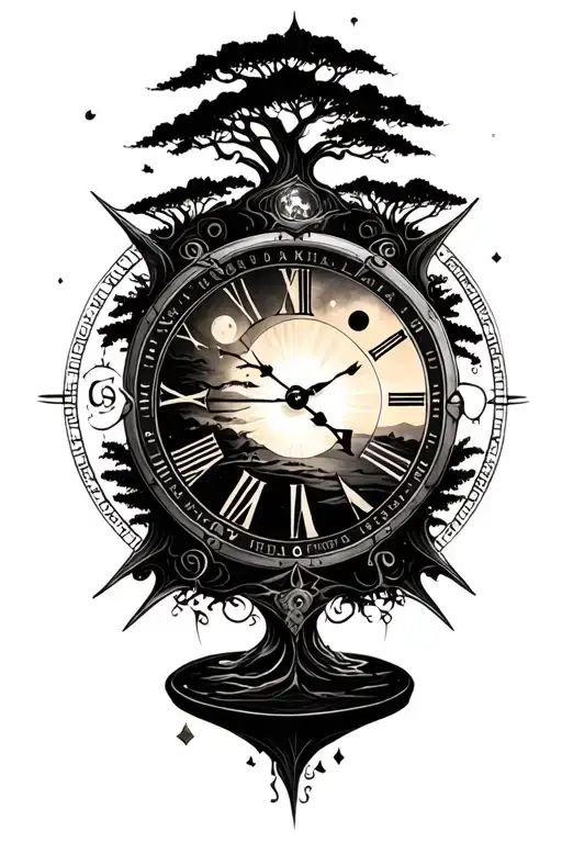 black ink tattoo, clock and watch, sundial, sunrise, sunset, moon phases, seasons, infinity symbol, trees, hourglass  tattoo design idea