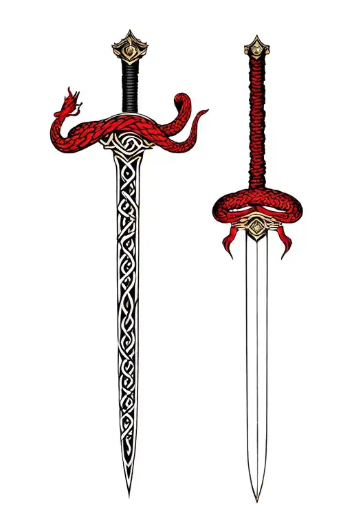 Chinese red snake wrapped around Celtic claymore sword tattoo design idea
