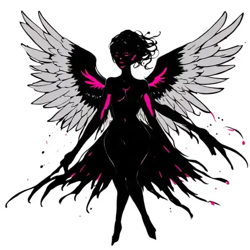 A humanoid angel that it's white wings with pink accent looking like she's happy wearing black on black designer  tattoo design idea