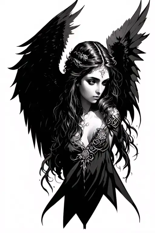 Female angel. Renaissance medieval style, demonic, angular and mysterious tattoo design idea