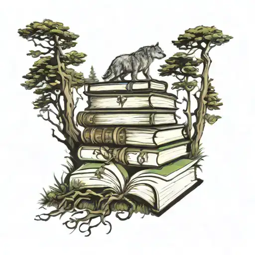 realistic fine line tattoo that has a stack of books with a pine forest above and around it with mossy roots  tattoo design idea