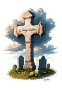 Stone Cross with baseball seams gripping around it. Gloomy clouds at top surrounding it. Bright tombstones at bottom tattoo design idea