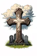Stone Cross with baseball seams gripping around it. Gloomy clouds at top surrounding it. Bright tombstones at bottom tattoo design idea