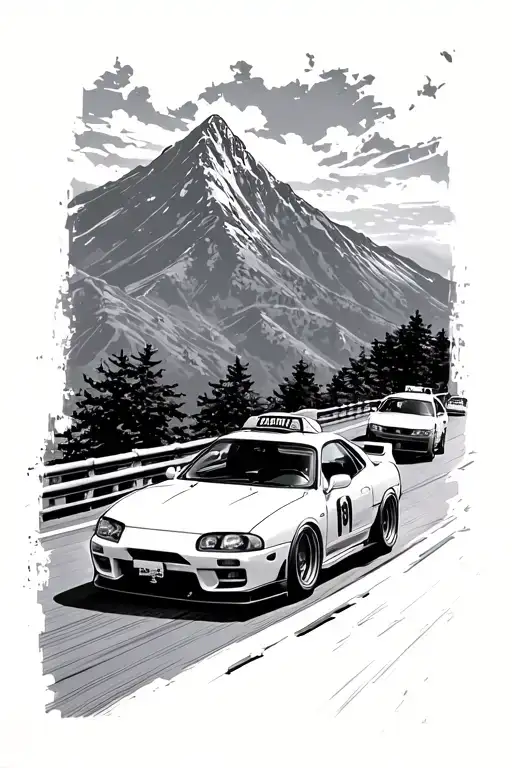 toyota supra MK4 driving on japan moutain road leading, nissan skyline gtr32 follow and peugeot 406 taxi daniel. Comic tattoo design idea