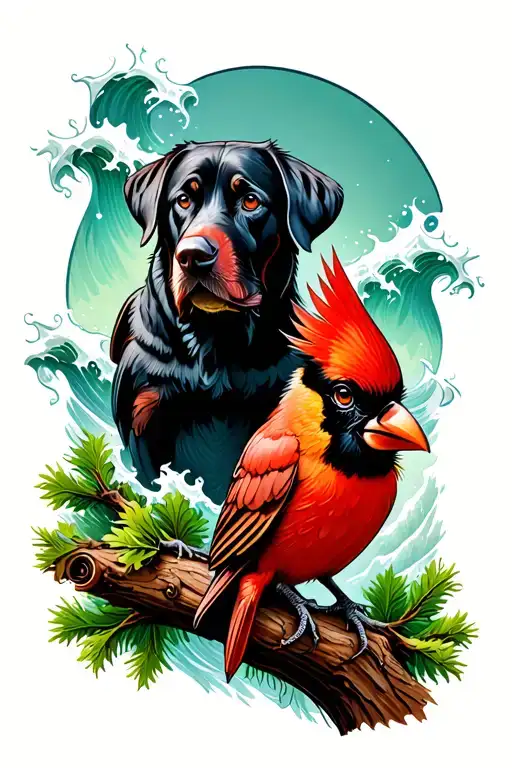 cardinal perched in redwood tree, black lab, waves crashing tattoo design idea