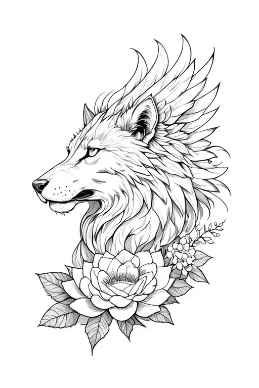 jasmine, lotus, roses, lion wolf phoenix leg sleeve tattoo design idea