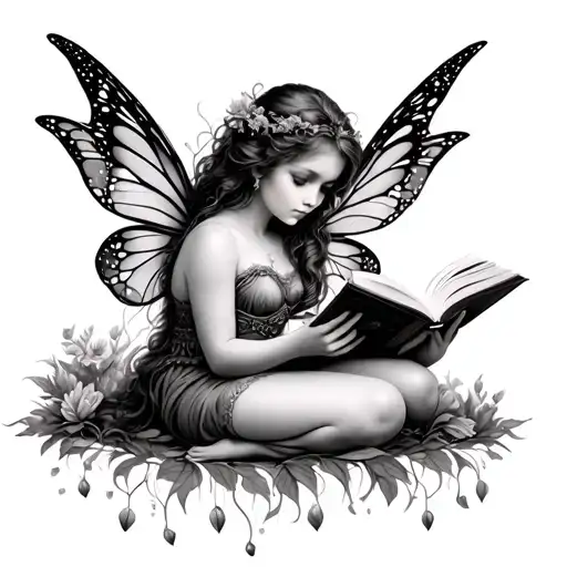 realistic fairy reading book tattoo design idea