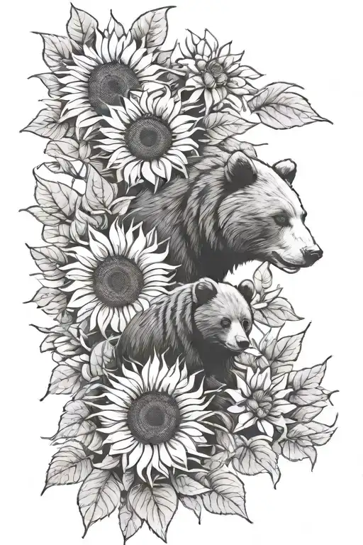 sunflowers with mama bear and 1baby bear tattoo design idea