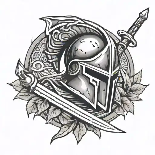 Spartan helmet front view with sword through it and laurel leaves around the rim tattoo design idea