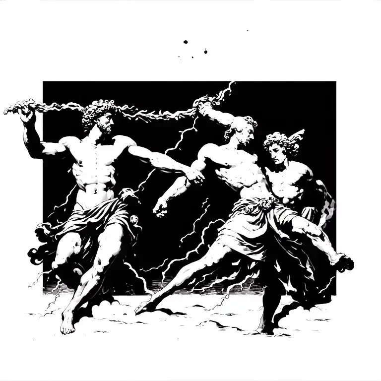 r" greek gods battling  in thunderstorm tattoo design idea