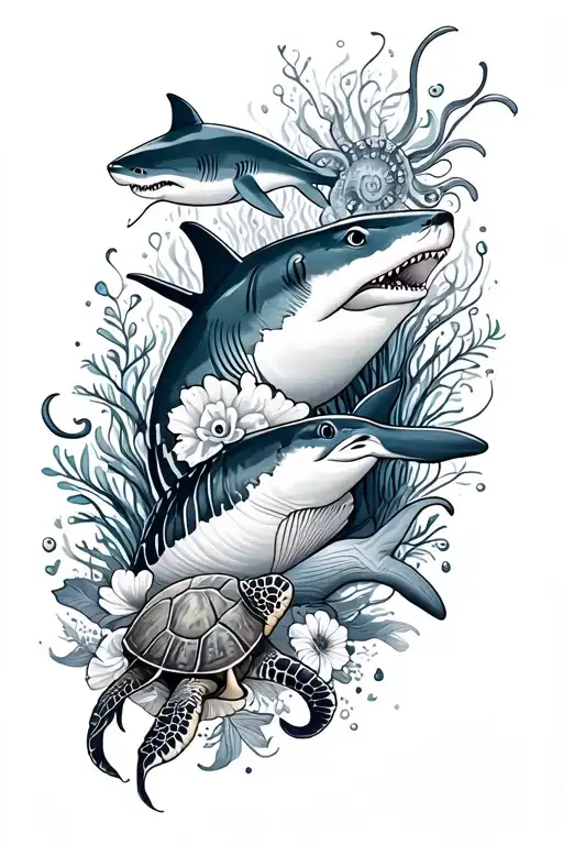 Ocean themed leg sleeve with shark jellyfish turtle whale stingray octopus shells seaweed and flowers  tattoo design idea