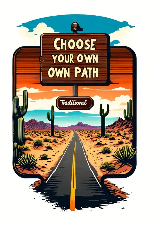 desert landscape with a road that splits with a sign in the middle that says choose your own path tattoo design idea