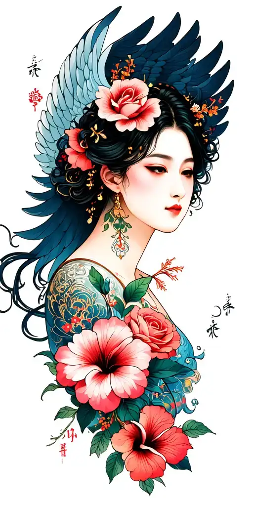 Aquarius and wings with roses mayflowers hibiscus tattoo design idea