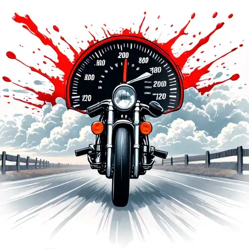motorcycle driving into clouds with speedometer in sky above clouds, 2 lane country road with farm fencing and acreage tattoo design idea