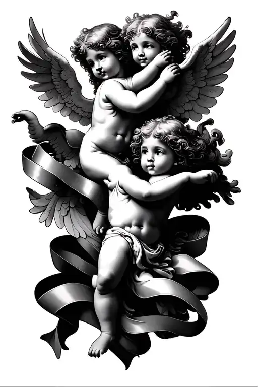 three Flying Cherubs with ribbon tattoo design idea