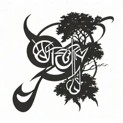 victory written in Arabic cedar trees Islam tattoo design idea