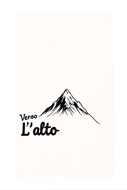 "Verso L'alto" simple mountain silhouette with medium sized cursive writing up the side tattoo design idea