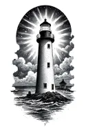 lighthouse standing tall shining light through a storm tattoo design idea