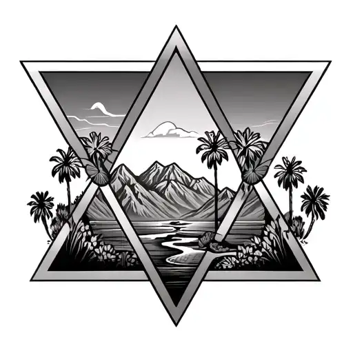 3 triangles different sizes, within the triangles are palm springs mountains with windmills tattoo design idea