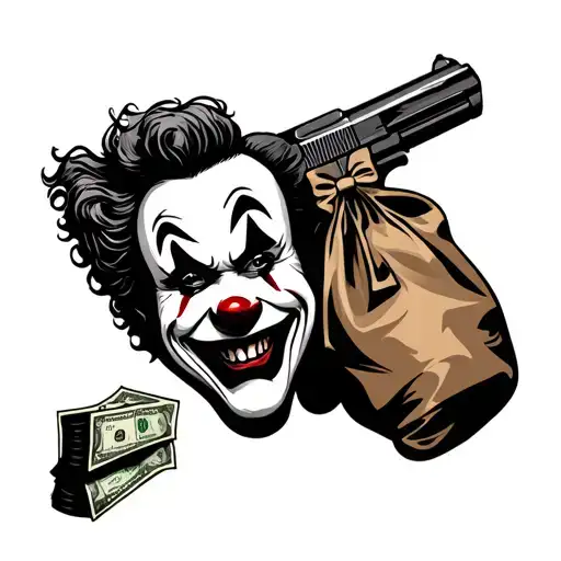 tattoo of a clown but only the clown's face and smile on the left side gun and on the right side a bag of money in black tattoo design idea