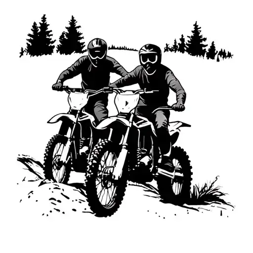 silhouette of a dad and his two sons on dirtbikes on a trail tattoo design idea