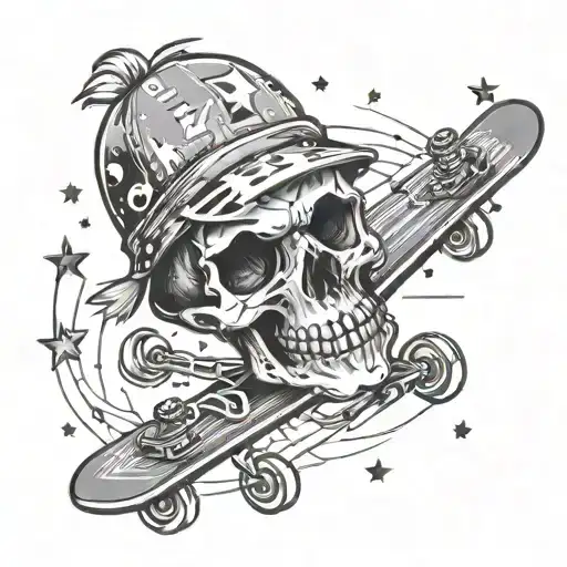 Skull wearing a cap, skateboarding in outer space where the stars are musical notes tattoo design idea