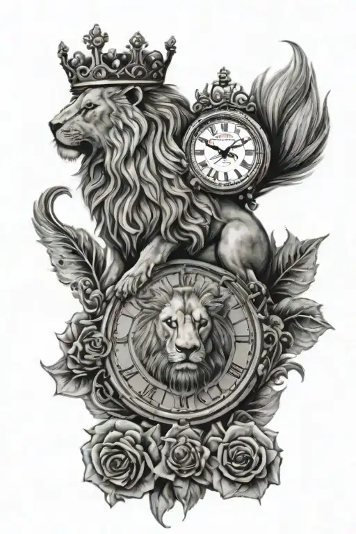 Lion wearing English crown, fox surrounded big ben clock tattoo design idea