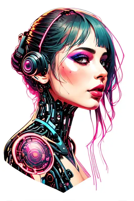 "details in neon collors" robotic woman bust tattoo design idea