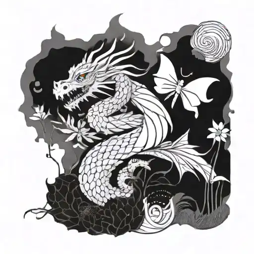 black and white nature dragon guarding ethereal flower surrounded by buttterflies and water droplets tattoo design idea