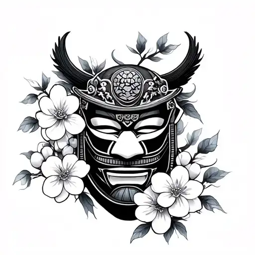 samurai mask with cherry blossom flowers in color scheme tattoo design idea